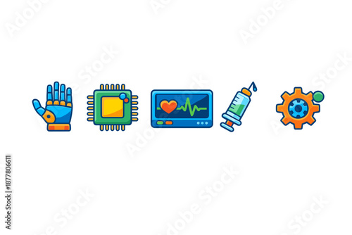 Medical and technology icons: robotics, chip, monitor, syringe, gear