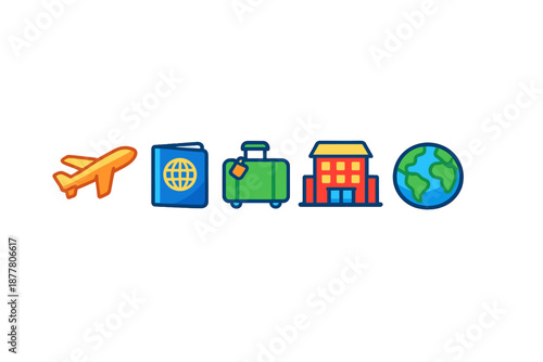 Travel icons: airplane, passport, suitcase, hotel, and earth