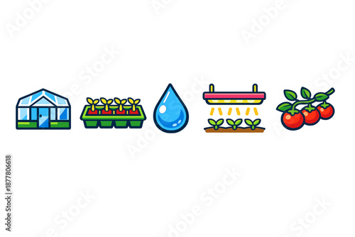 Set of icons for gardening and agriculture with a greenhouse