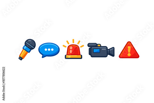 Set of icons: microphone, speech bubble, siren, camera, warning sign