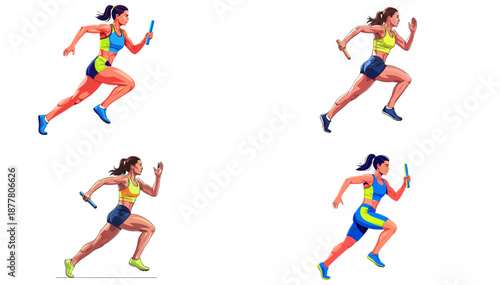 Female track athlete running in relay race with baton in hand, vector, set  