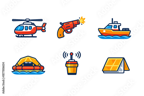 Set of 6 vector icons: helicopter, gun, boat, raft, radio, tent