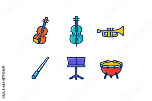 Set of cartoon musical instruments and music stand icons