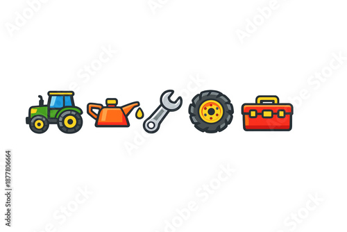 Tractor, oil can, wrench, tire, and toolbox icons