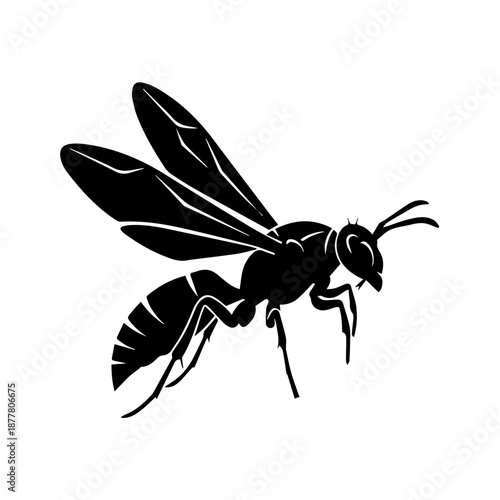A black silhouette of a wasp in flight with its wings spread wide.