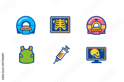 Medical imaging icons: CT, X-ray, MRI, lead apron, syringe, skull