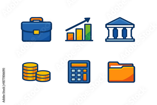 Finance and business icons: briefcase, chart, bank, coins