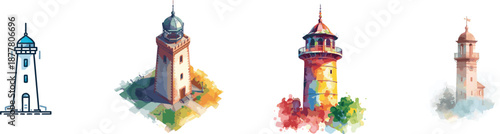 Watercolor Watchtower Set New Creative Icon Design Vector. Isolated on white background        