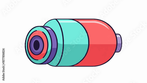 A stylized, pixelated cylindrical object with vibrant red, turquoise, and purple rings, resembling a toy or scientific device