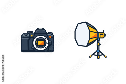 Digital camera and studio light on a dark background