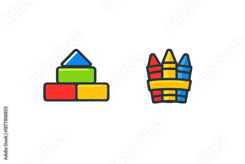 Building blocks and crayons icons with shadow on grey background
