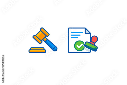 Law and justice icons: gavel and approved document