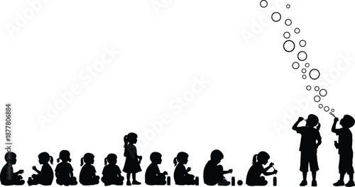 Children silhouette collection of boys and girls blowing soap bubbles and sitting on floor for childhood fun nursery education and active outdoor play projects.