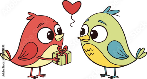 Cute Valentine Love Birds Illustration  Cartoon Birds with Gift Box