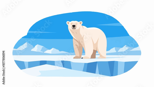 A stylized polar bear stands on an ice floe under a blue sky with snow-capped mountains