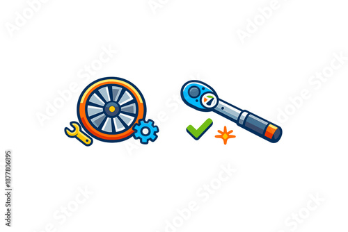 Car wheel and torque wrench icons with check mark