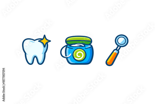 Dental hygiene icons: tooth, toothpaste, and dental mirror