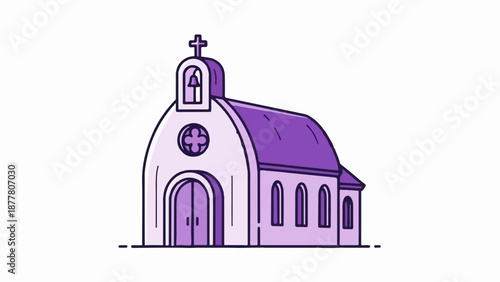 A stylized purple chapel with a bell tower, cross, and arched windows