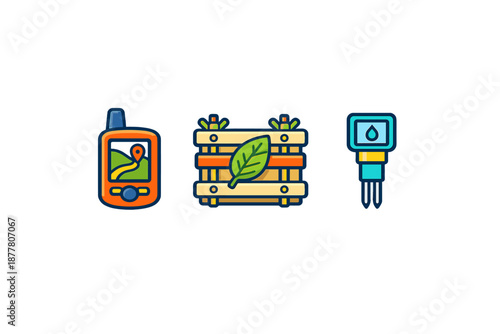 Icons for agriculture technology: GPS, crate, soil meter