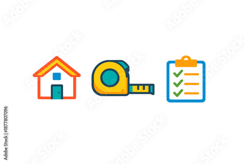 Home inspection icons: house, tape measure, checklist