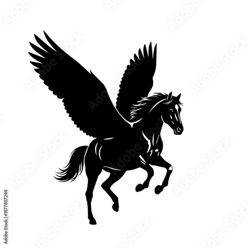 A striking black silhouette of Pegasus, the mythical winged horse, captured mid-gallop with its majestic wings spread wide against a white background.