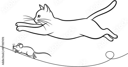Black and white line art of a cat jumping to catch a small mouse for children coloring book isolated vector