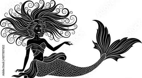 Elegant black mermaid silhouette with elaborate curly hair and detailed scales sitting gracefully isolated on white background for mystical designs
