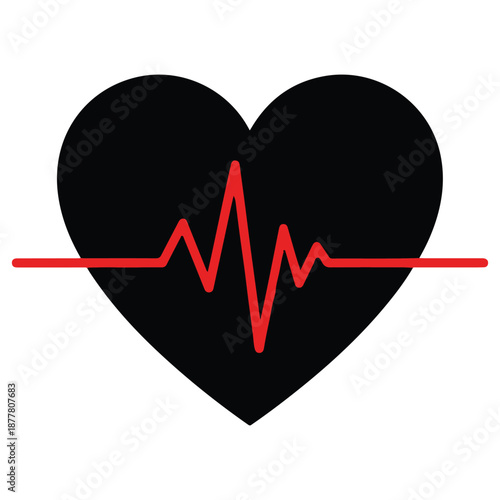 Black Heart Symbol with Red Heartbeat Line on White Background