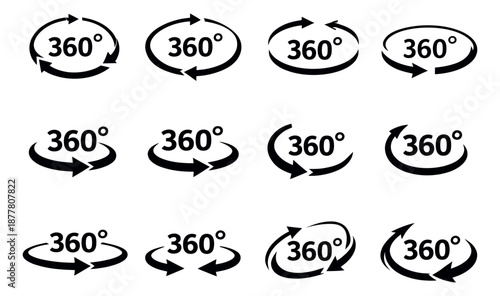 Minimalist rotation icon set featuring 360 degree symbols with various arrow styles for web design, virtual reality, and user interfaces