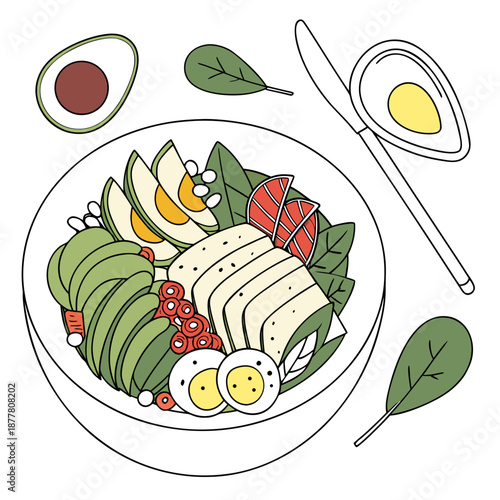 Illustrated plate of sashimi and vegetables