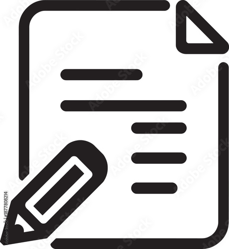 Black and white icon of a document with a pencil, representing writing, editing, or creating content