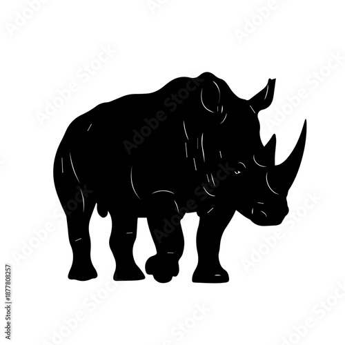 Striking black silhouette of a rhinoceros standing on a white background, showcasing its powerful form and distinctive horn.