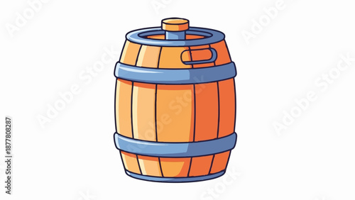 A stylized cartoon wooden barrel with blue metal bands and a handle