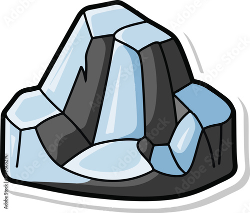 A stylized, cartoonish depiction of a rocky mountain peak covered in ice and snow