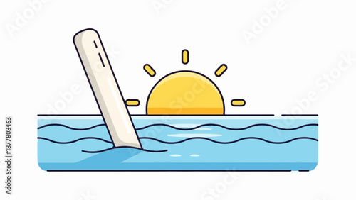 A stylized, cartoon-like image of a sunrise over water with a partially submerged object