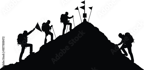 Silhouettes of hikers reaching mountain summit with flags symbolizing achievement and teamwork isolated on white background