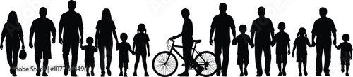 Large family silhouette collection of parents children and grandparents walking together with bicycle for community social connection and multi generational relationship design projects isolated.