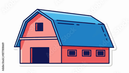 A stylized red barn with a blue gambrel roof and dark blue accents