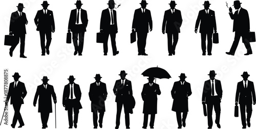 Vintage Silhouette Set of Businessmen in Suits and Fedora Hats Walking with Briefcases and Umbrellas in Retro Noir Style
