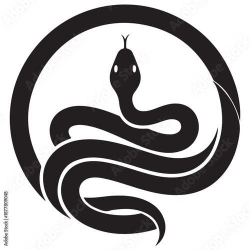 Stylized Black Serpent Coiled within a Circular Frame
