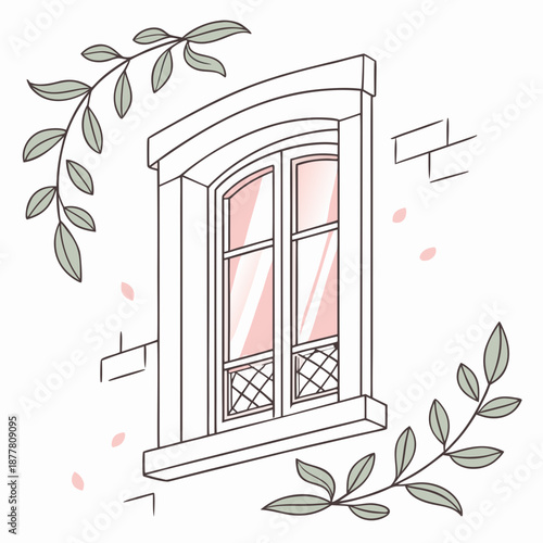 Illustrated window with greenery