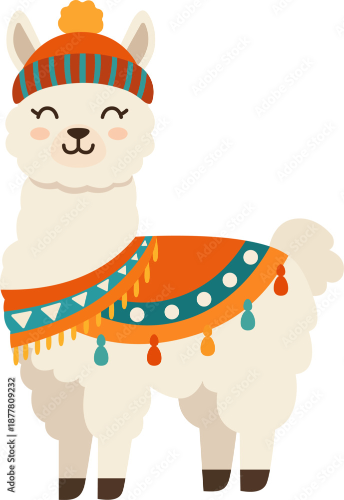 Fototapeta premium Boho llama with hat, scarf and colorful blanket clipart in cartoon flat style. Cute winter alpaca vector illustration. Adorable cartoon animal