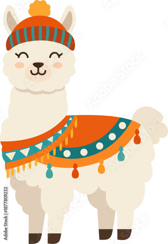 Boho llama with hat, scarf and colorful blanket clipart in cartoon flat style. Cute winter alpaca vector illustration. Adorable cartoon animal