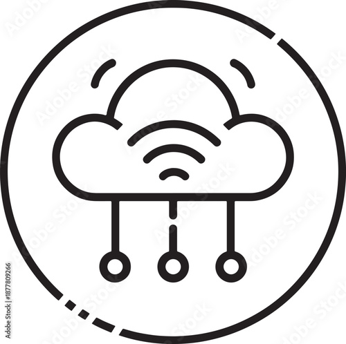Black outline icon of a cloud connected to three nodes with Wi- Fi signals, enclosed in a dashed circle on a white background