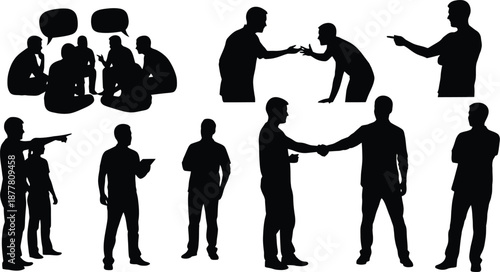 Collection of diverse business silhouette icons representing communication teamwork and leadership for corporate presentations and web design