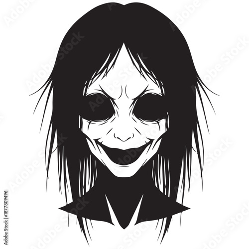Spooky Black and White Illustration of a Creepy Face with Dark Eyes and a Wide Grin