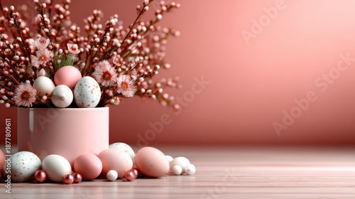 This image showcases a delightful arrangement of pastel-colored eggs in a vase with pink flowers, capturing the essence of spring and Easter celebrations beautifully.