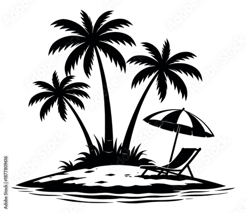 Silhouette illustration of a tropical island depicting leisure and escape for summer holidays