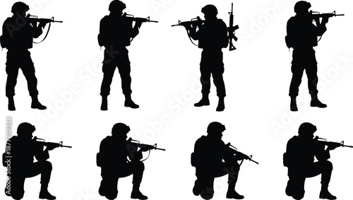 Soldier silhouette collection of military personnel in uniform holding rifles standing and kneeling for army defense war battle and tactical combat design projects isolated.