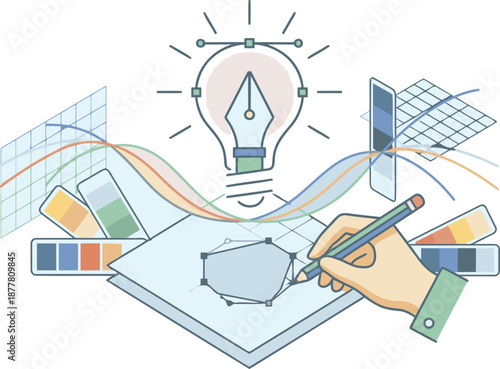 Artistic hand drawing a shape with a lightbulb representing innovation and digital design tools